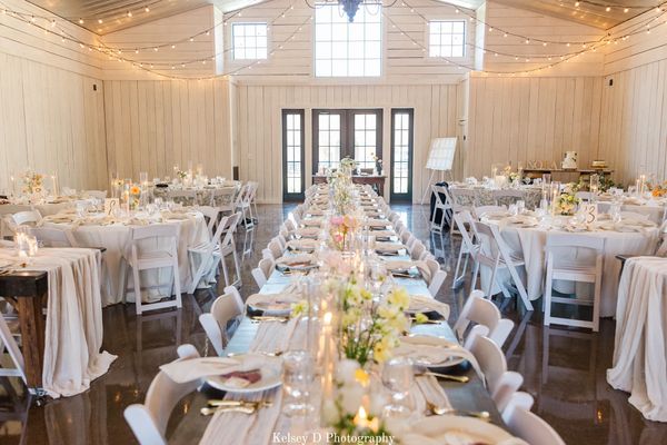 French country-inspired indoor wedding reception in The Barn at Firefly Lane in Dickson, Tennessee.
