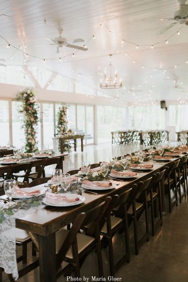 Pink wedding details from a real wedding table at Firefly Lane Reception Hall.