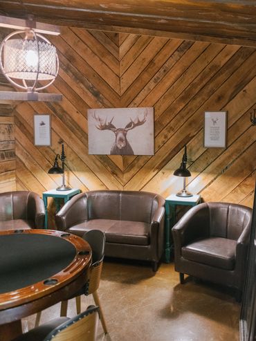 The Groom's Suite at Firefly Lane's contemporary black barn wedding venue in Middle TN.