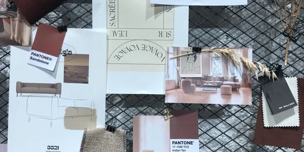 A design mood board featuring Pantone colors and fabric swatches.