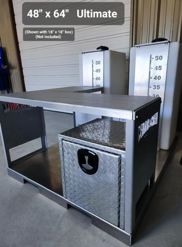 Metal workstation with a diamond plate box and a large top surface.