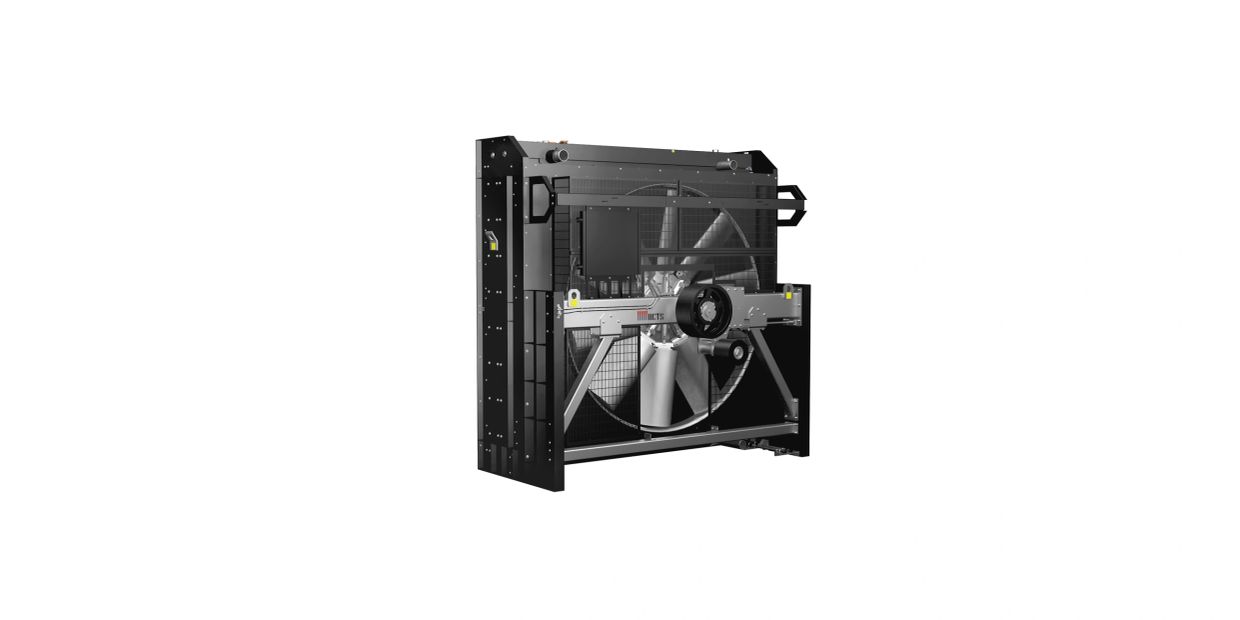 Large industrial cooling fan unit with metal frame and blades.