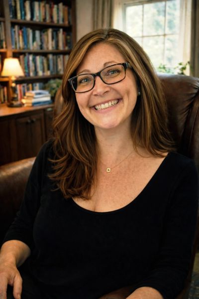 Smiling woman with glasses sitting in a cozy room.