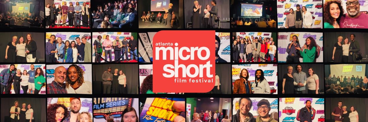 Collage of moments from the Atlanta Micro Short Film Festival with attendees and award presentations.