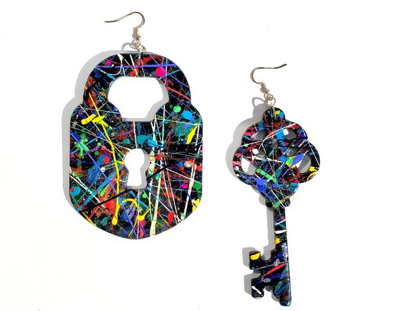 Year 2035- Lock & Key handpainted wood earrings