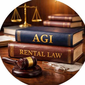 Legal books on rental law with a judge's gavel and glasses on a wooden desk.