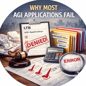 Denied AGI application with errors, missing info, and delays causing failure.