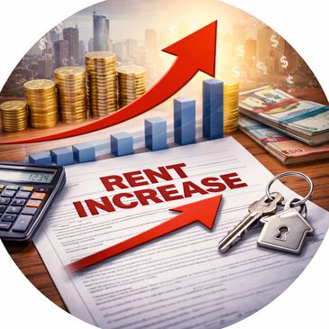 Document showing rent increase with upward arrows, calculator, money, and keys.