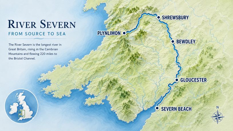 Map showing River Severn from its source in Plynlimon to the sea at Severn Beach.