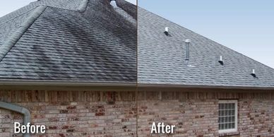 before and after picture of a roof wash that removed the bacteria called Gloeocapsa magma.