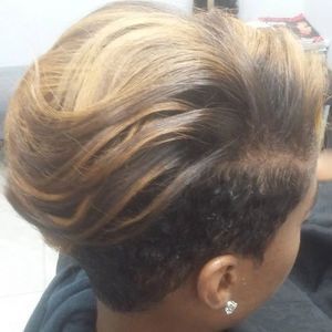 Custom Dimensional Blonde hair color & short hair cut