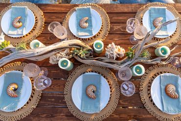 rustic tabletop decor: driftwood, coral, seashells, jute chargers, white plates + blue napkins