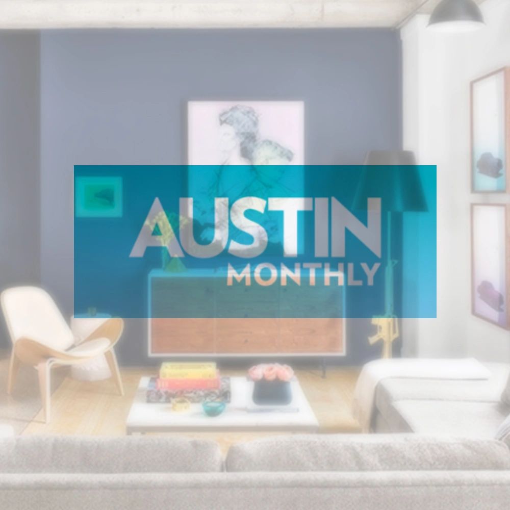Austin Monthly logo over a photo of the room with an artwork by Padaric Kolander