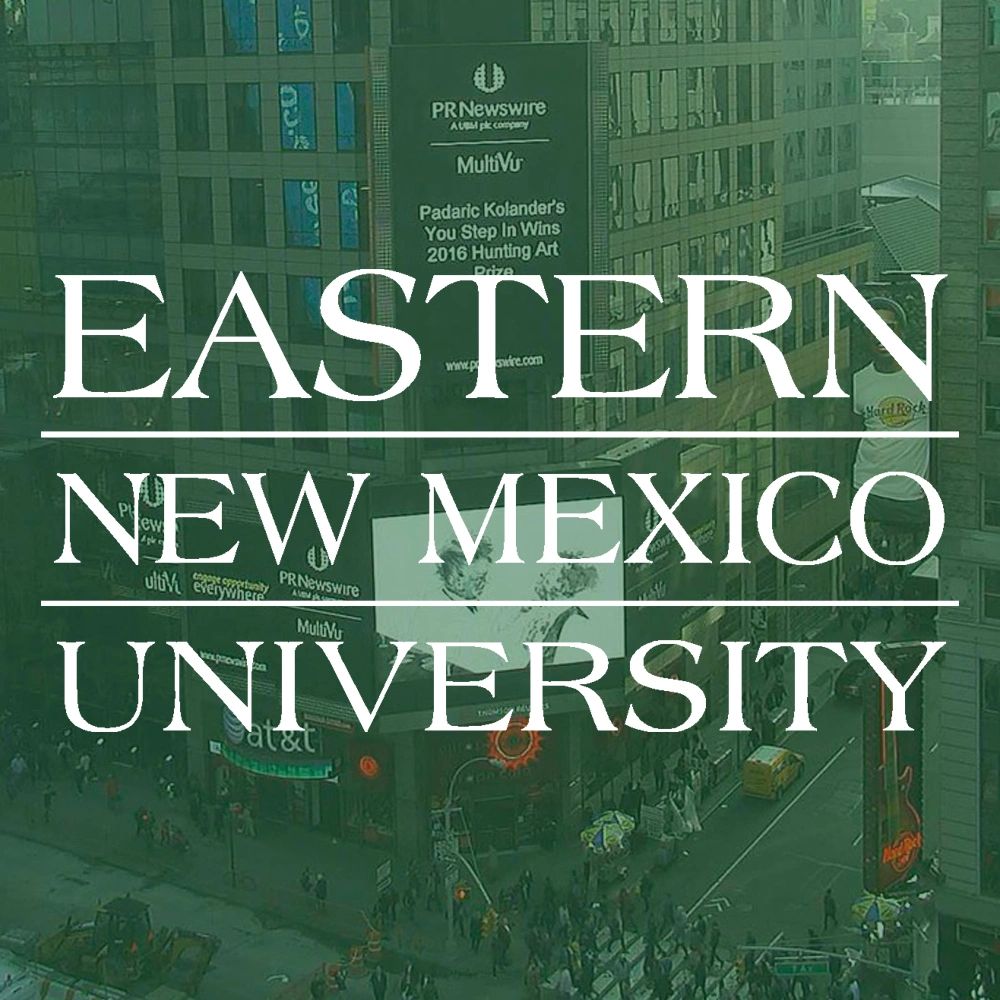 Eeastern New Mexico Logo over an image of NYC Time's Square and artwork by Padaric Kolander