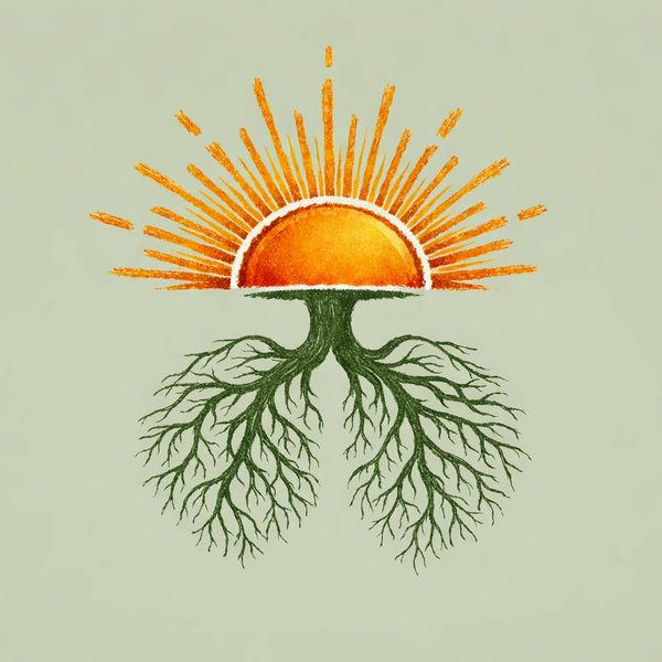 Illustration of a sun with roots like a tree, symbolizing growth and connection.
