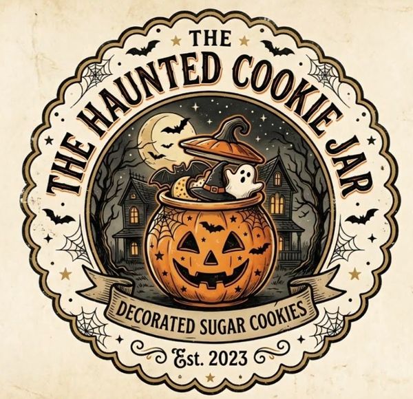Logo of 'The Haunted Cookie Jar' with Halloween theme.