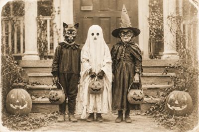 Three children in vintage Halloween costumes.