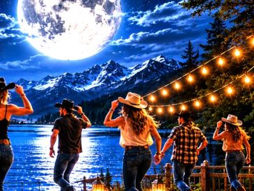 Group of people dancing by a lake under a bright full moon.