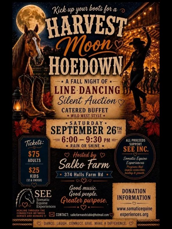 Flyer for Harvest Moon Hoedown event with line dancing and silent auction.