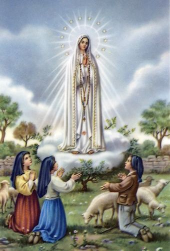 Image of Our Lady of Fatima appearing to the three children at the Cova de Iria in Portugal. 
