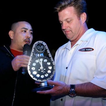 Custom, auto engine timing parts desk clock with branding made for legendary, custom car designer,