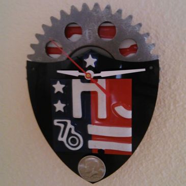 Auto Gear Wall Clock with Michigan License Plate and Bicentennial Coin.  Artist, Steven Shaver.