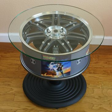 Google Office - Back To The Future Movie Auto Wheel Rim Table die cast Delorean car under glass.