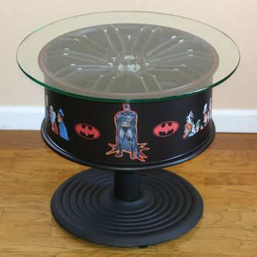 Google Office - Batman Movie Themed Auto Wheel Rim Table with diecast Batmobile car under the glass.