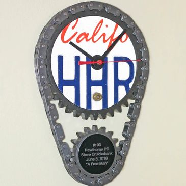 Auto Parts Clock with License Plate, Bullet and Engraving for Police Dept.  Artist, Steven Shaver.