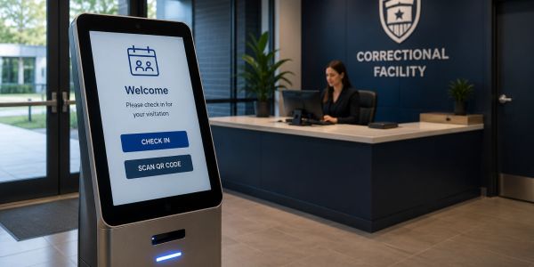 Self check-in kiosk at a correctional facility lobby with receptionist in background.