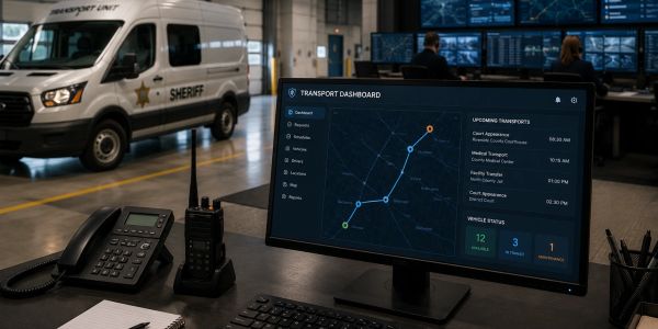 A transport dashboard screen in a sheriff's office with communication devices and a sheriff van.