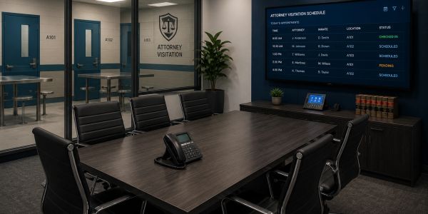 Modern attorney visitation room with schedule display and conference table.