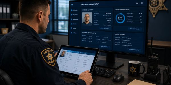 Sheriff reviewing offender management system on tablet and monitor.