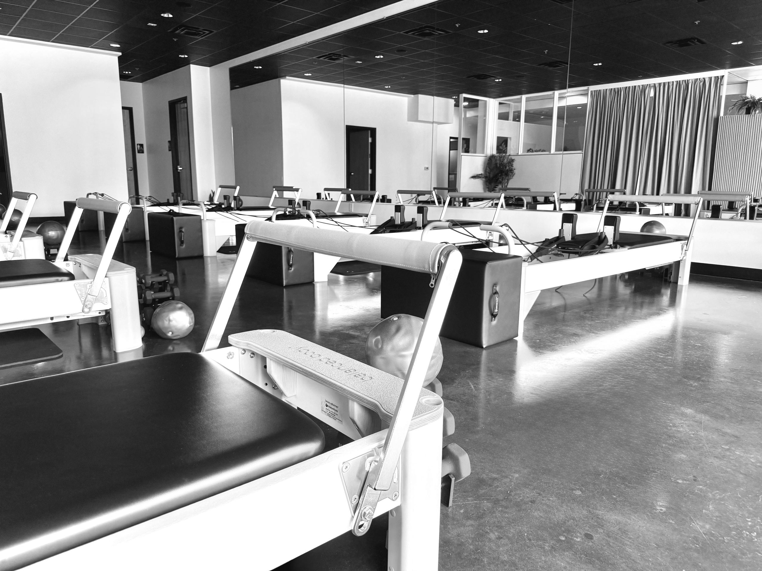 Pilates studio with balanced body's newest reformers for group classes.