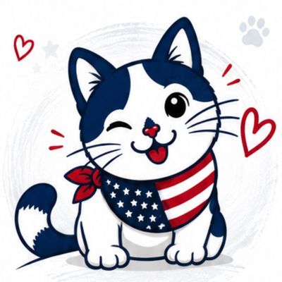 Cute winking cat wearing an American flag bandana.