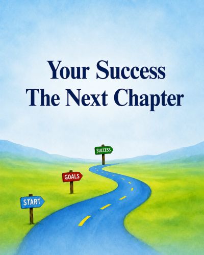 A road to success with signs for start, goals, and success.