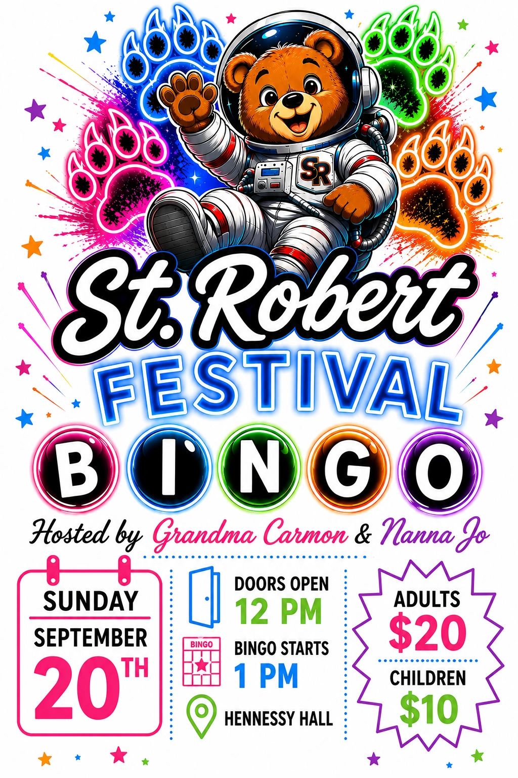 Festival bingo event with bear astronaut theme on September 20th.