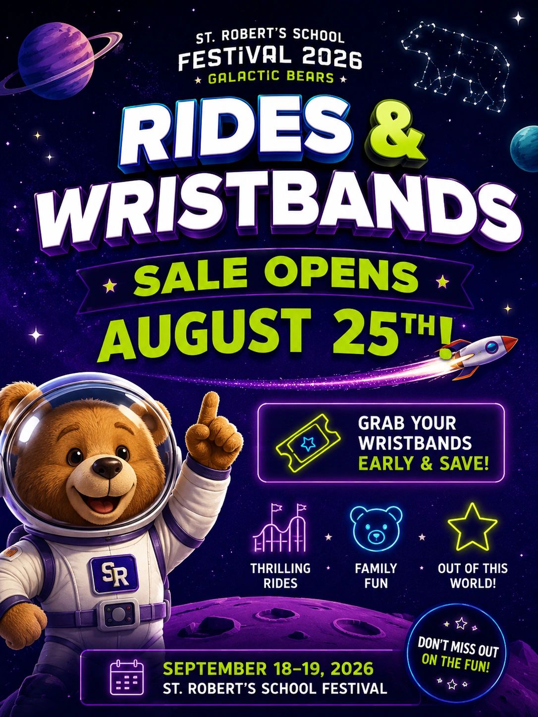 St. Robert's School Festival 2026 wristbands sale opens August 25.