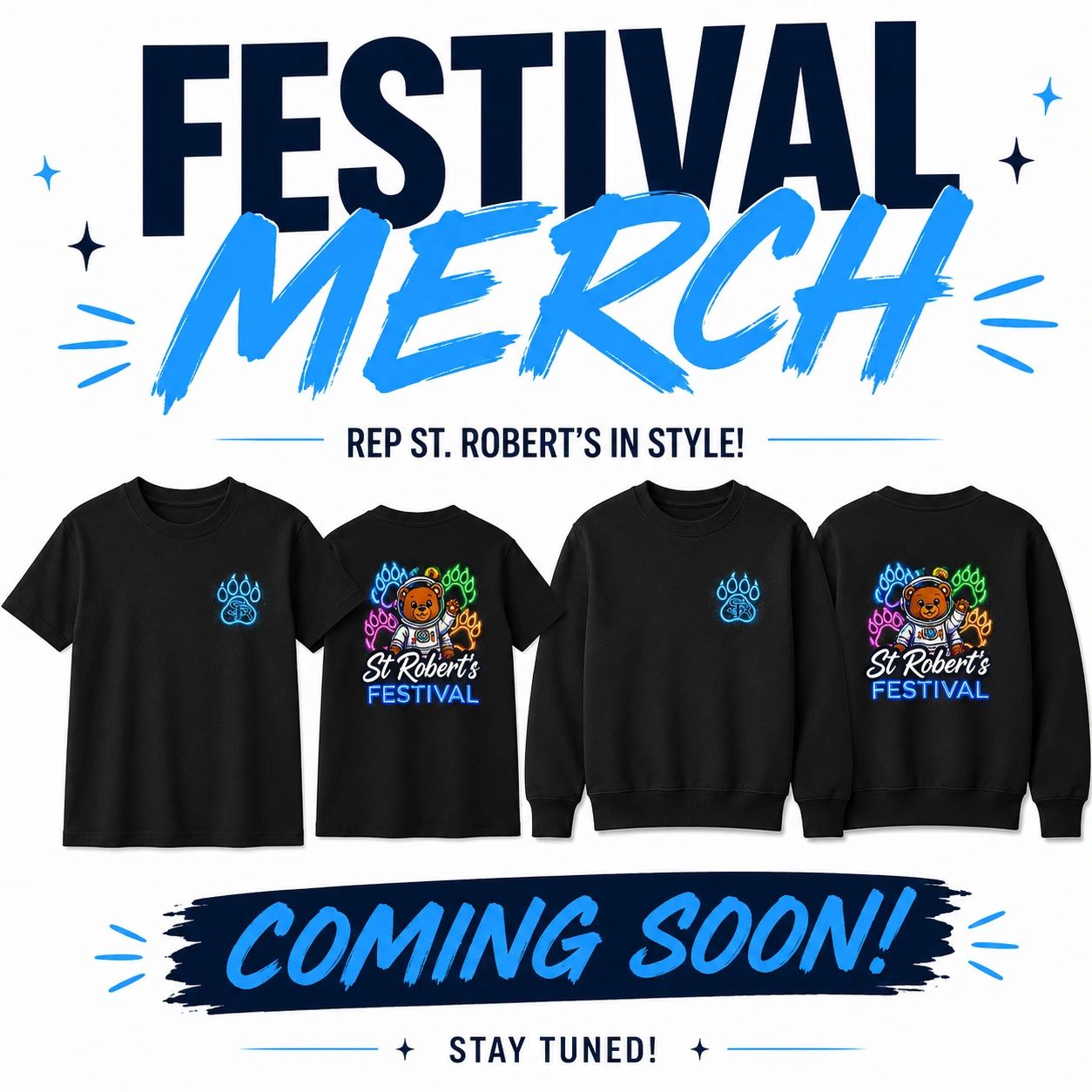 Festival merch shirts and sweatshirts with neon bear design.