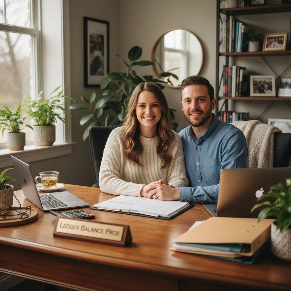 Smiling couple at a cozy home office desk with laptops and documents.