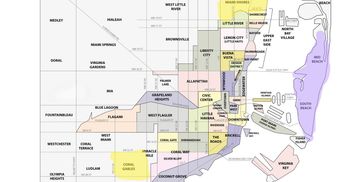 Map highlighting Miami neighborhoods like Coral Gables, Miami Shores, and Mid Beach.