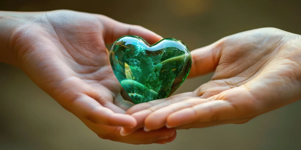 Two hands holding a shiny, green glass heart.