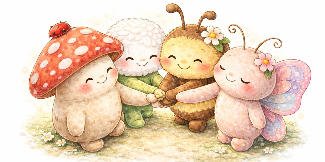 Cute cartoon characters holding hands in a friendly circle.