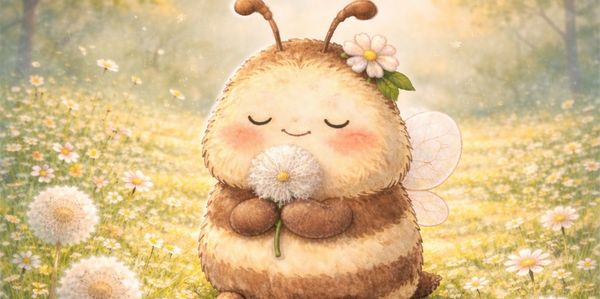 Cute cartoon bee holding a dandelion in a flower-filled meadow.