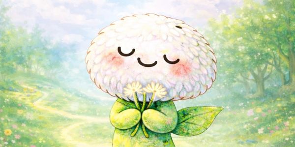 Cute dandelion character holding flowers in a peaceful forest.