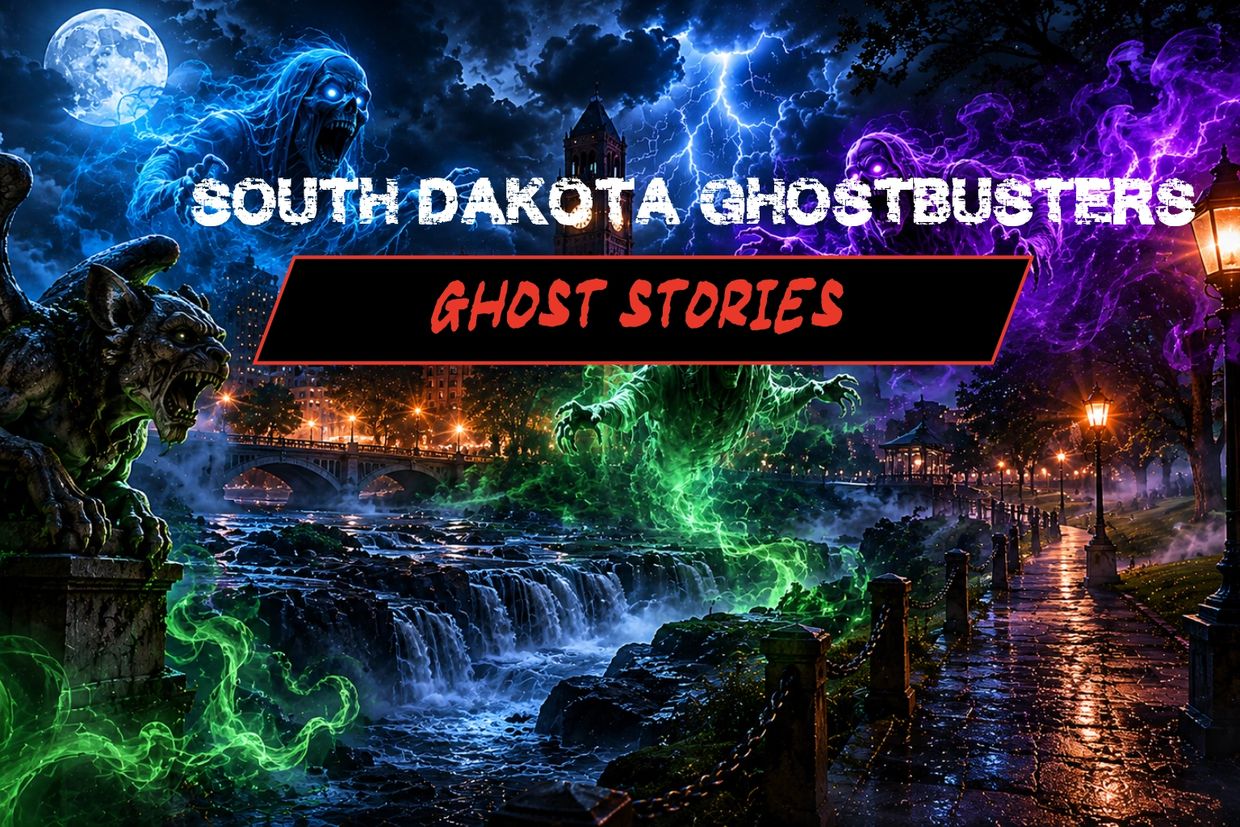 Eerie night scene with ghosts and lightning, titled South Dakota Ghostbusters: Ghost Stories.