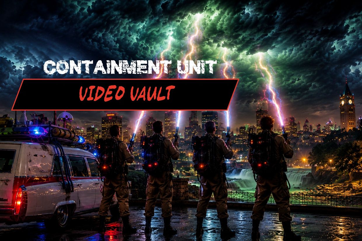 Four ghostbusters face a stormy cityscape with proton packs and lightning.