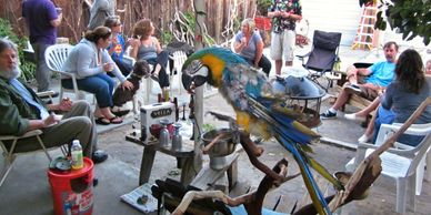 Feather destructive Blue & Gold Macaw attends neighborhood party on Birdie Buddy built play stand.
