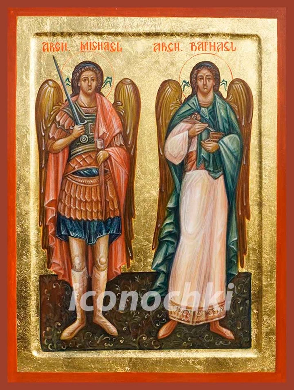 Archangels Michael and Raphael. 12 x 18. Egg Tempera. Gold. Private Collection.