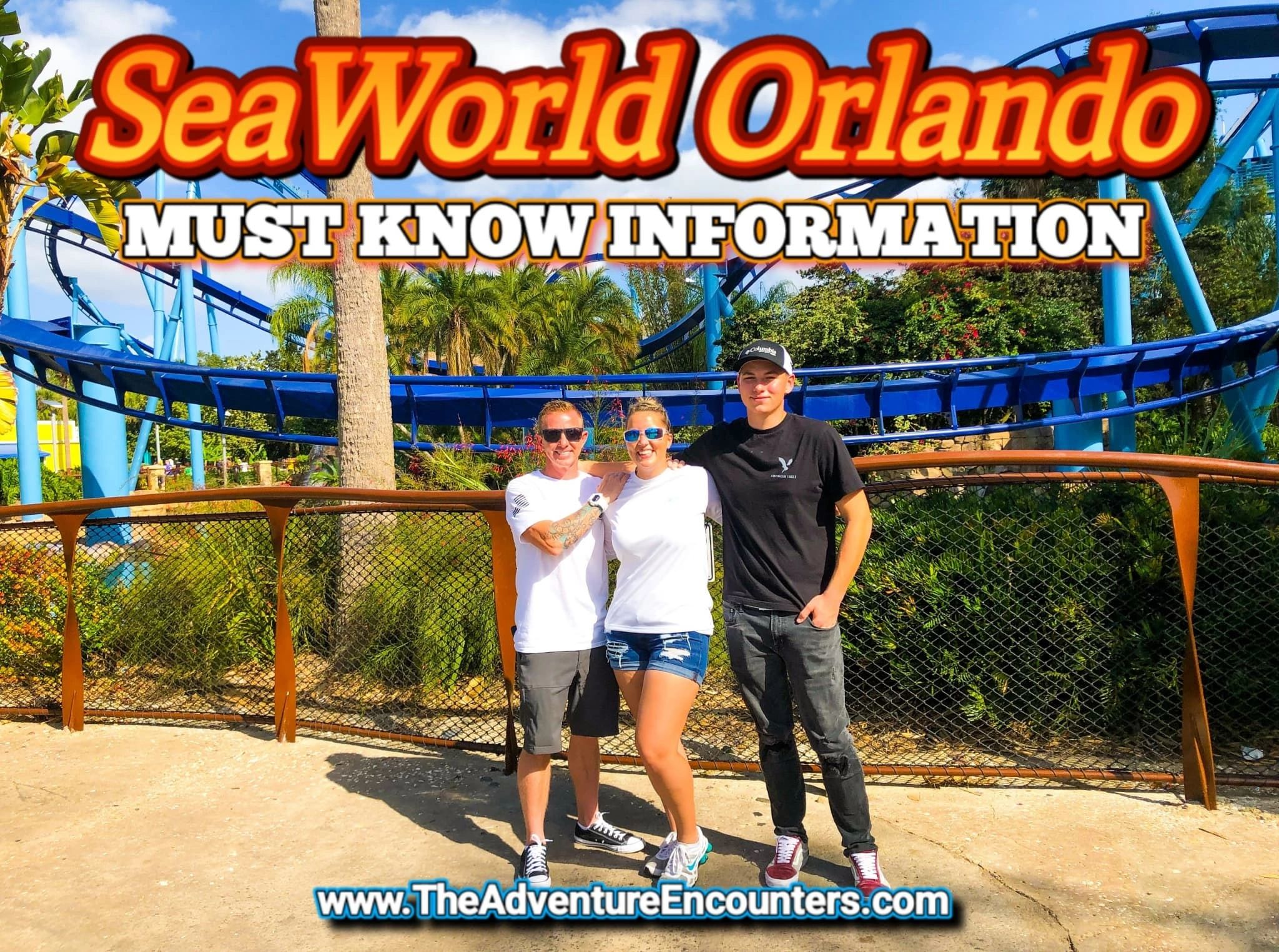 3 people standing in front of a roller coaster at SeaWorld Orlando